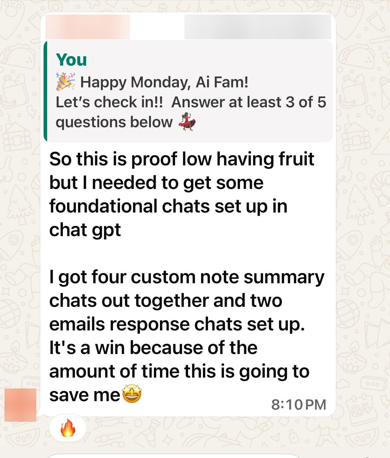 Original WhatsApp message about setting up four note-summary chats and two email-response chats.