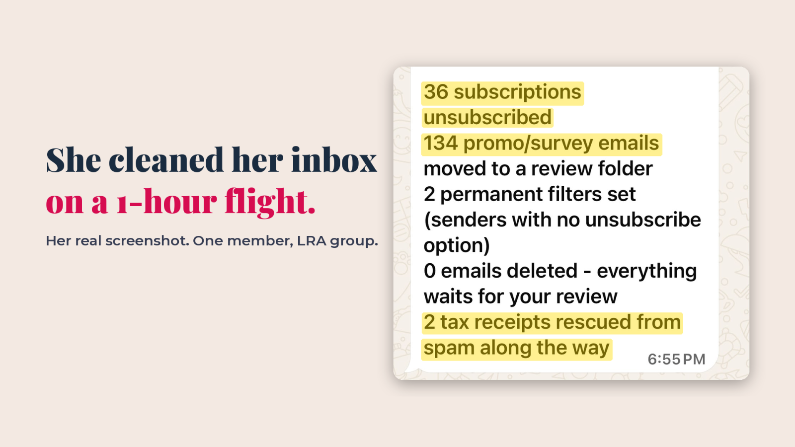 Member inbox cleanup: 36 unsubscribes, 134 emails moved for review, and two tax receipts found.