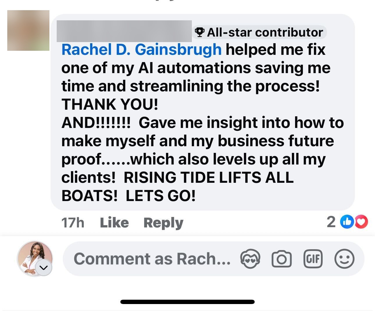 Original Facebook comment thanking Rachel for fixing an AI automation and saving time.