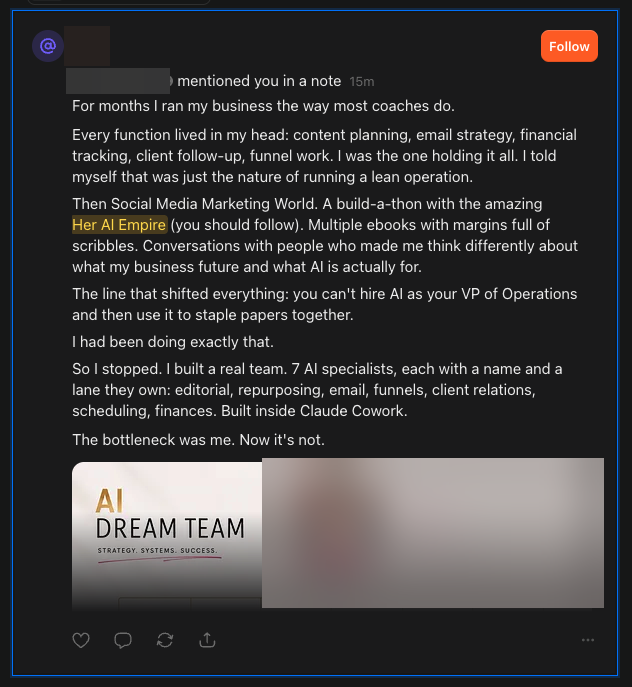 Original member post describing seven AI specialists built in Claude Cowork and crediting the Her AI Empire build-a-thon.