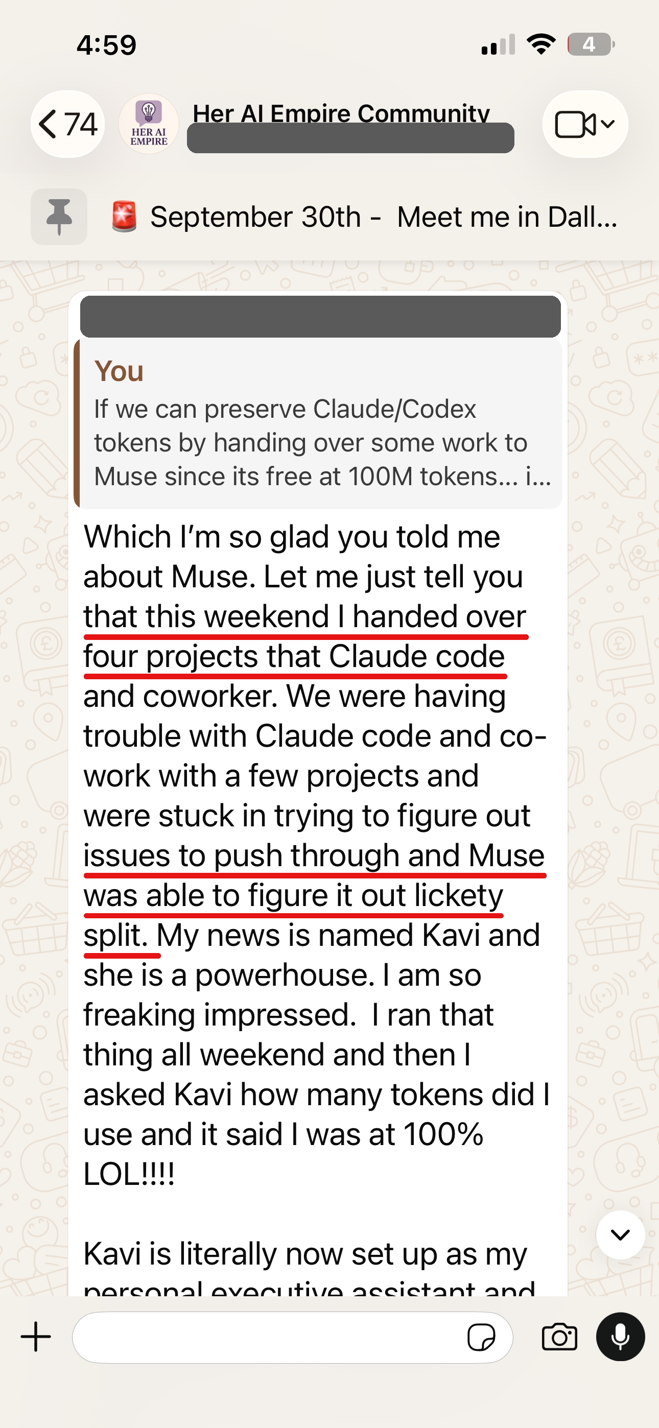 Member reports handing over four stuck projects and making progress with Muse.