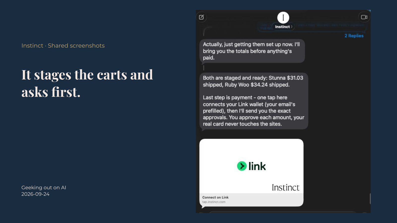 Shopping carts prepared with totals and approval requested before payment.