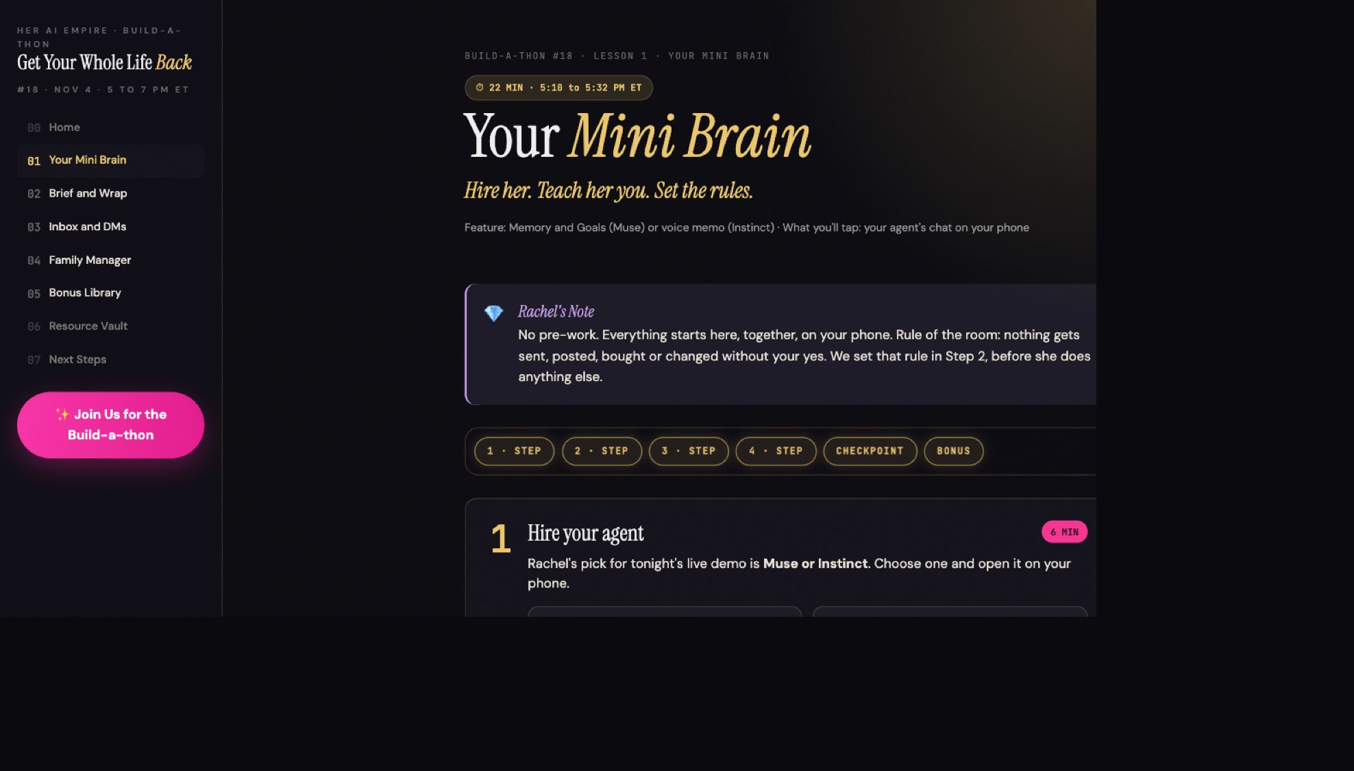 Actual Build Kit preview showing the Your Mini Brain lesson, lesson navigation and setup steps.