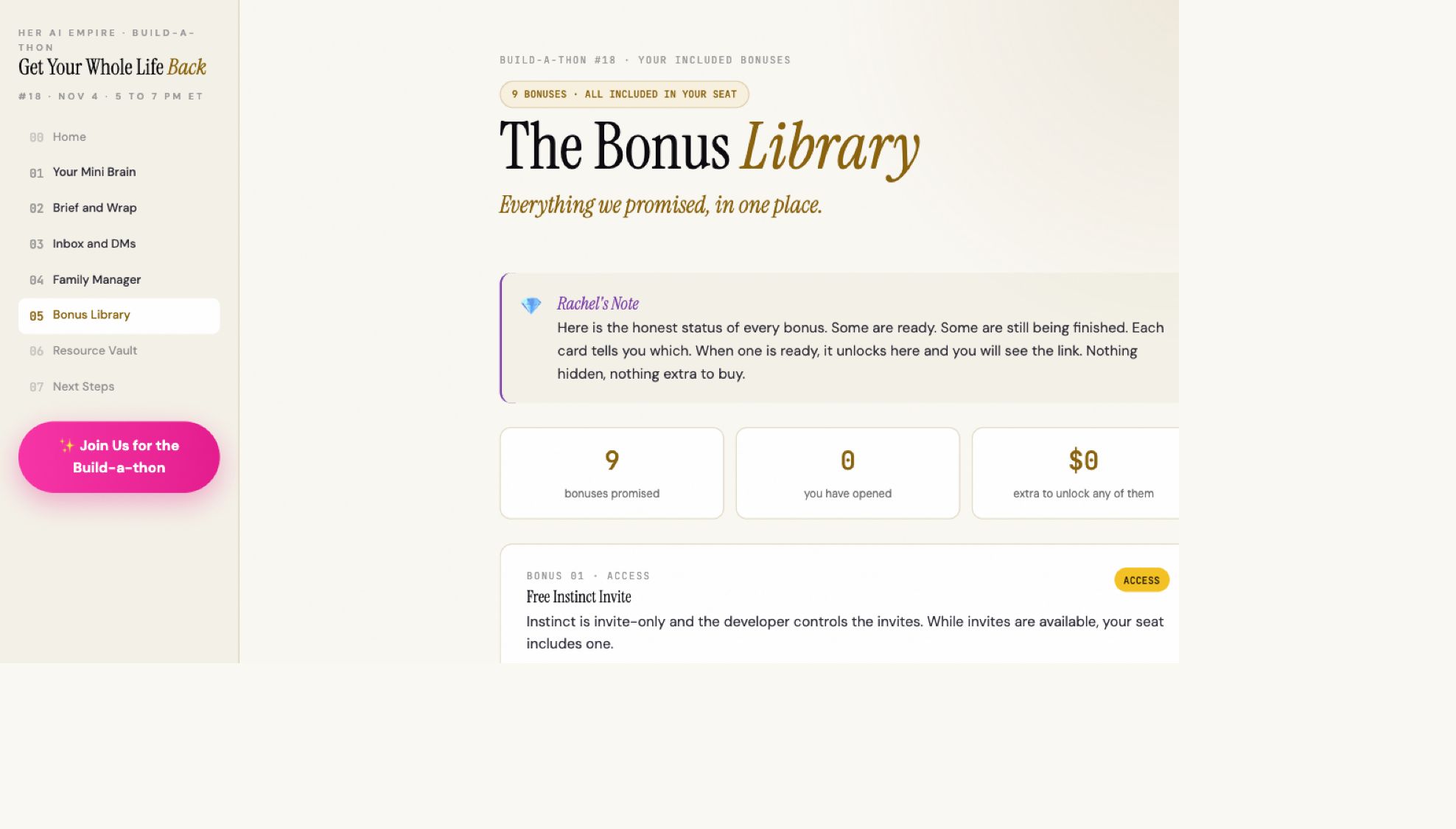 Actual Bonus Library preview showing its nine-bonus overview and first resource.