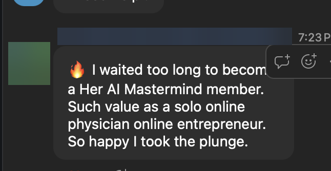 Original member message about joining the Her AI Mastermind and being happy to have taken the plunge.