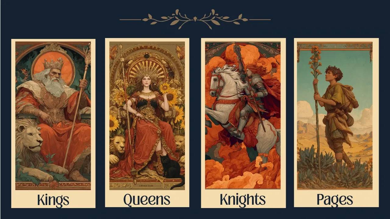 Graphic showing Court Cards as money personalities, with icons representing financial archetypes like the King of Pentacles for stability and the Queen of Wands for ambition