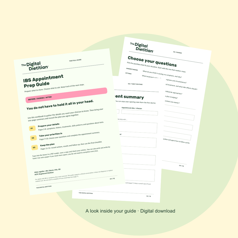 Preview of the IBS Appointment Prep Guide, question prompts and appointment summary.