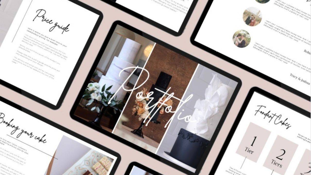 A collage of wedding cake business templates, including a price guide, booking information page, cake portfolio and client testimonials.