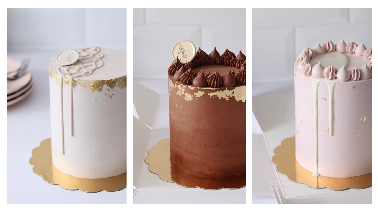 Three drip cakes with gold leaf detailing, a cream cake with pink drip and gold foil edge, a chocolate cake with piped rosettes and gold leaf, and a pink cake with white drip, piped shells, and gold flakes.