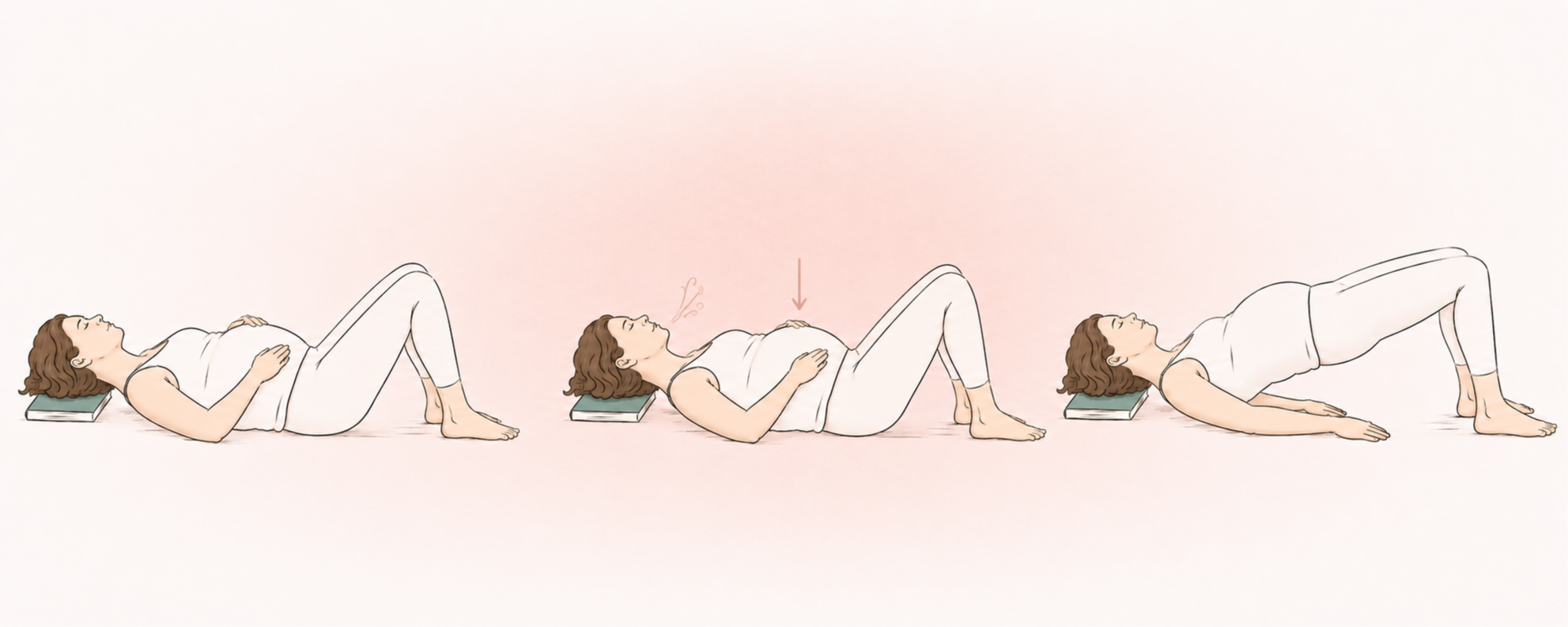 llustration of a pregnant woman in three positions: constructive rest, deep core engagement, and bridge pose.