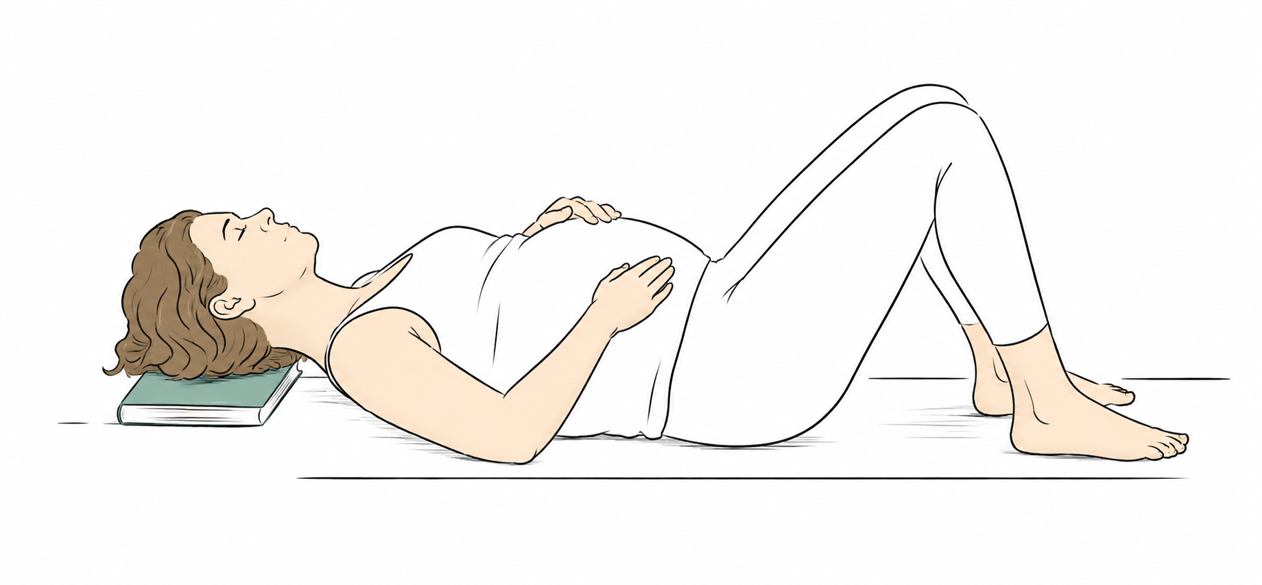 Pregnant woman lying on her back in constructive rest position, knees bent and feet flat on the floor, with a book supporting her head