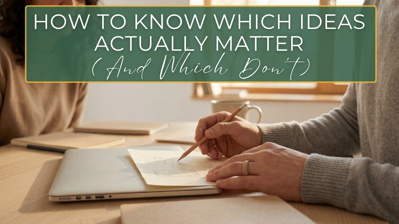 A notebook with ideas sorted into four labeled sections—“Now,” “Test,” “Later,” and “Signal”—showing structured clarity instead of chaotic thinking.