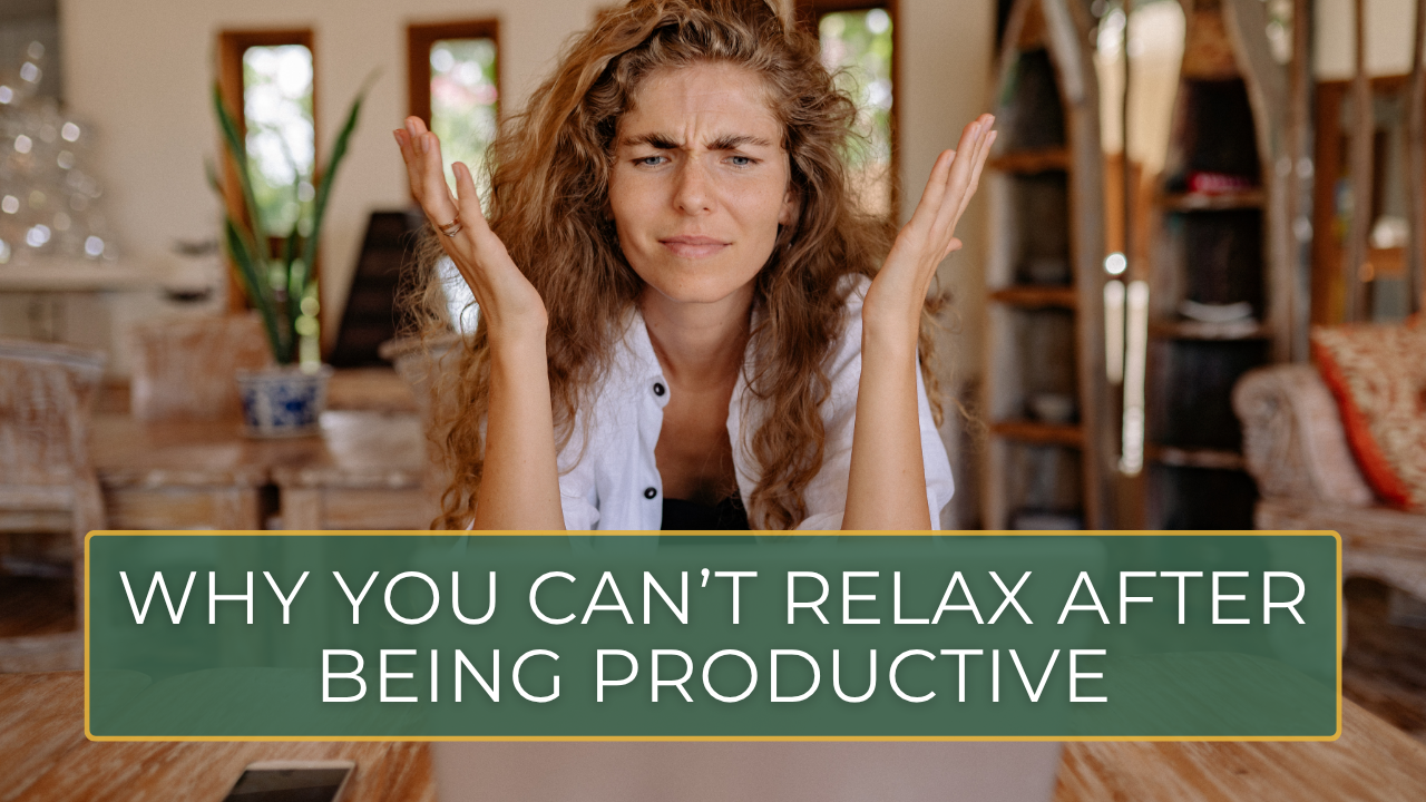 A person sitting on a couch with a laptop closed beside them, eyes open and thoughtful, with faint idea bubbles around them—showing a mind still active after finishing work.