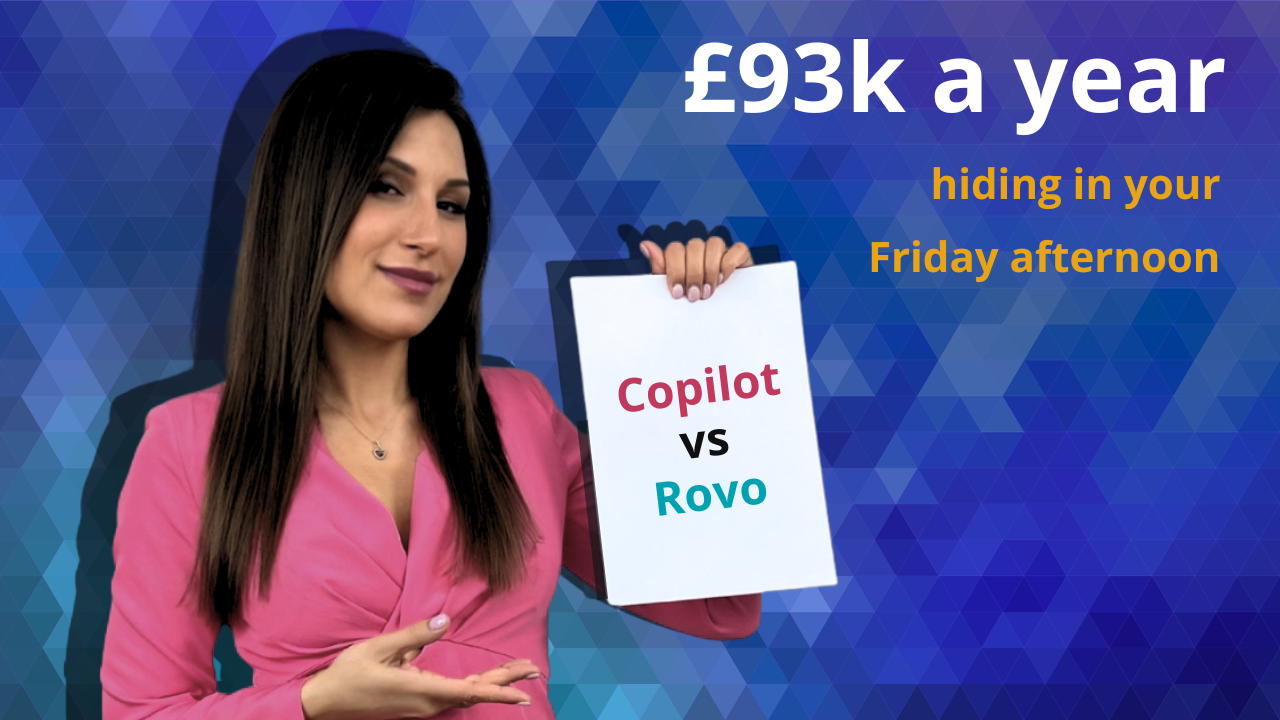 Halina Wojszwillo holding a "Copilot vs Rovo" notepad. Headline: £93k a year hiding in your Friday afternoon.