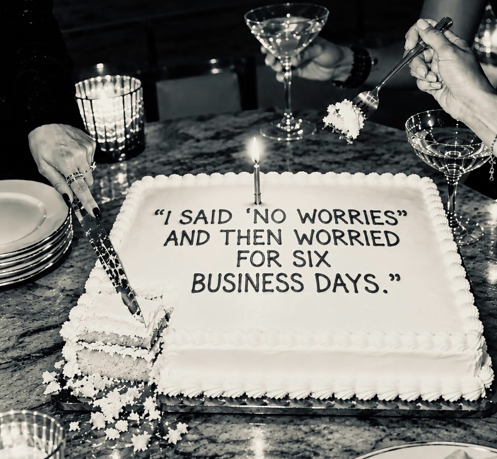 A cake that reads: I said no worries and then worried for six business days
