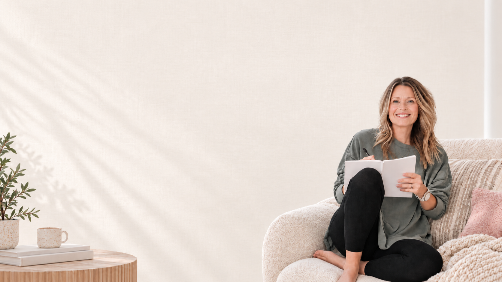 Jess smiling on a cozy sofa
