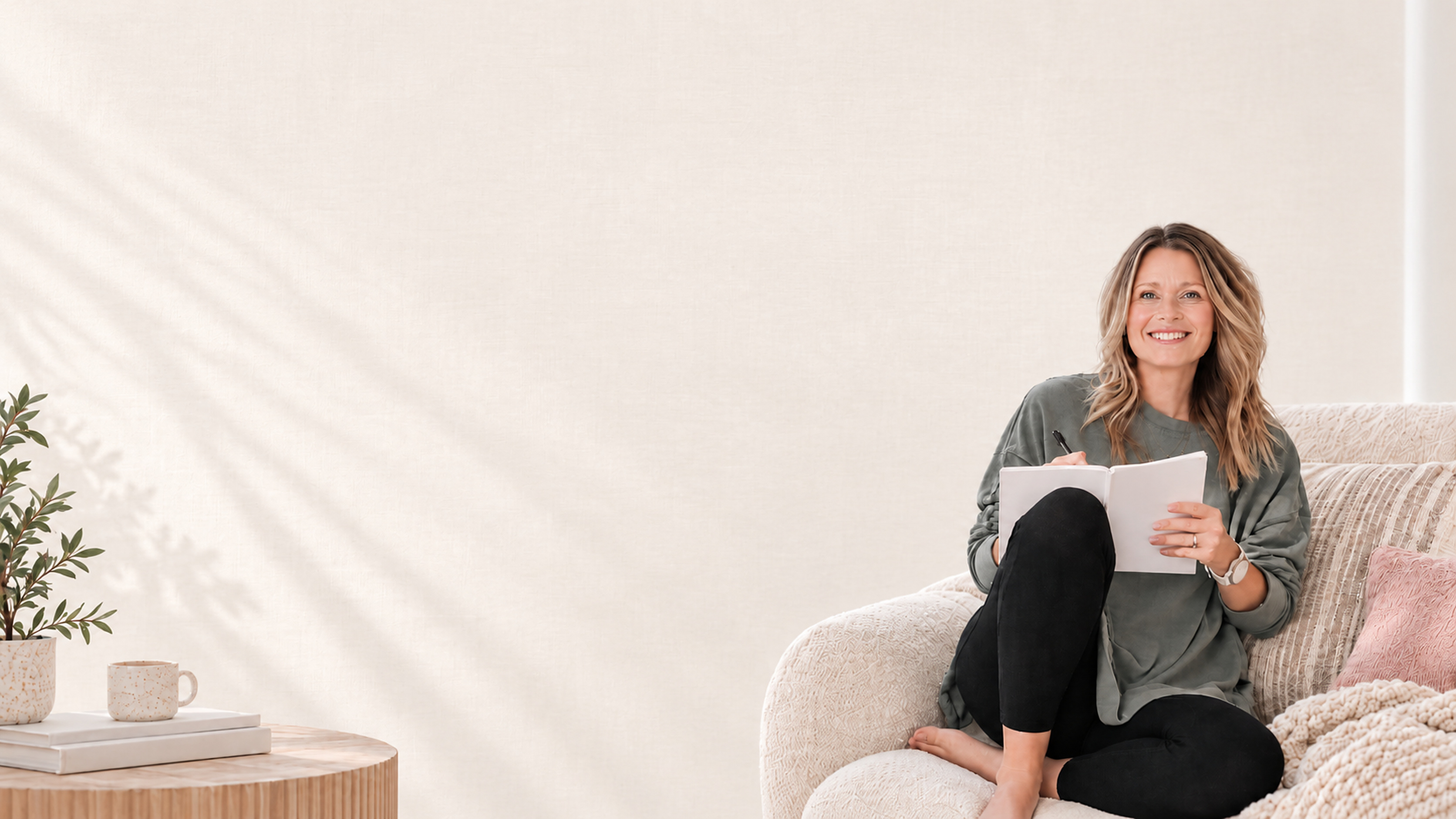 Jess smiling on a cozy sofa