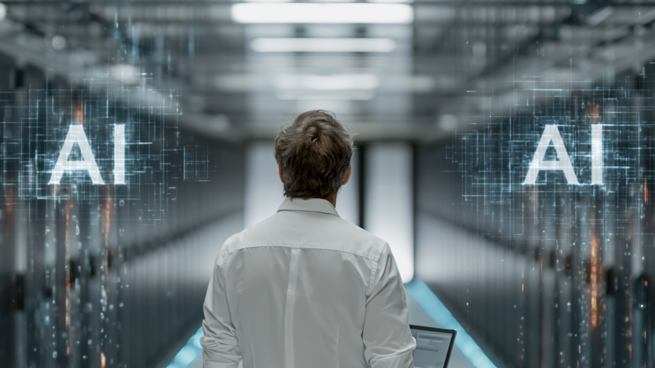 Human standing inside AI infrastructure as artificial intelligence reshapes the market value of work.