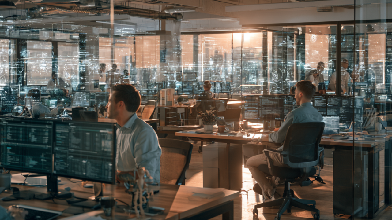Employees in an office at their desks monitoring several AI agents on their computers at work