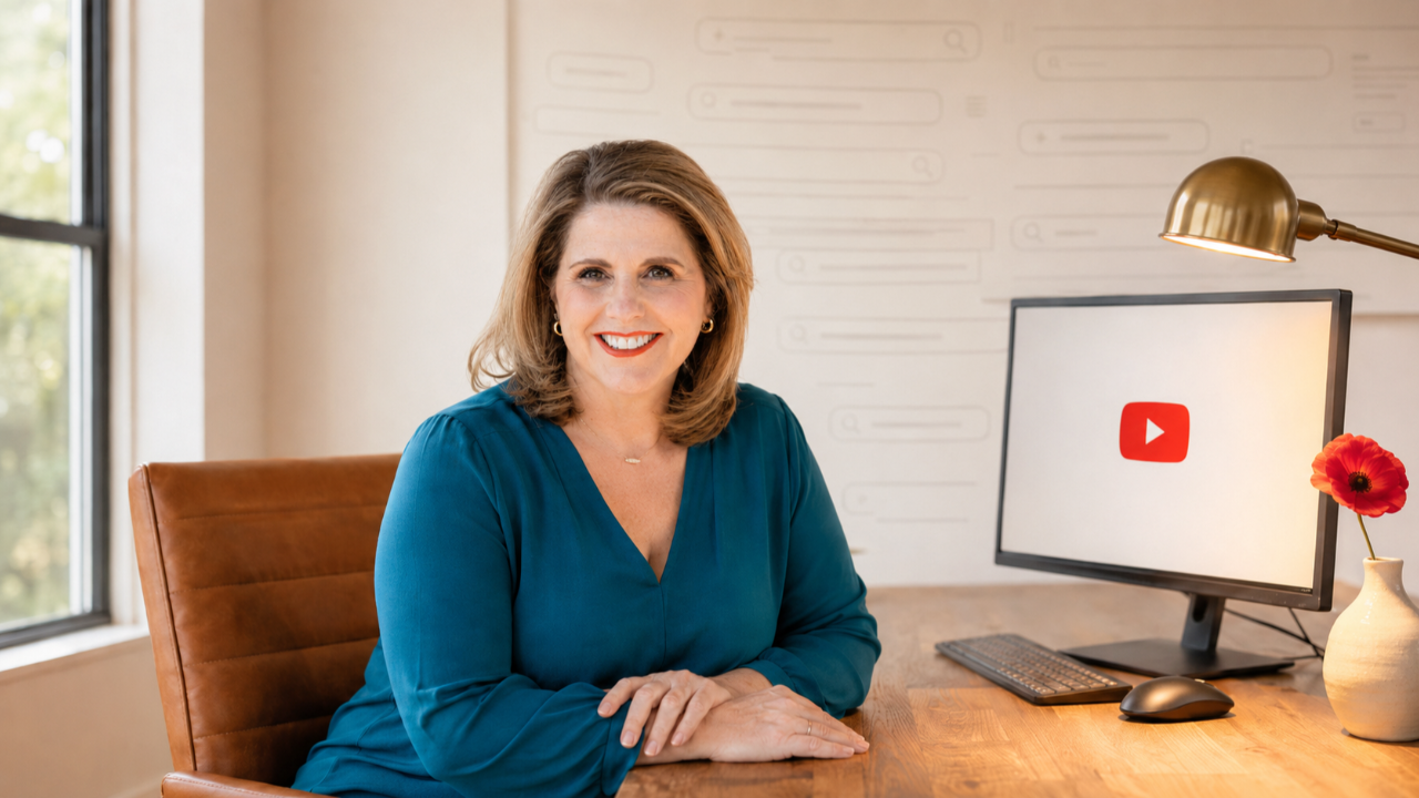 Professional woman at desk with YouTube on monitor and AI search queries on wall, answer engine optimization concept