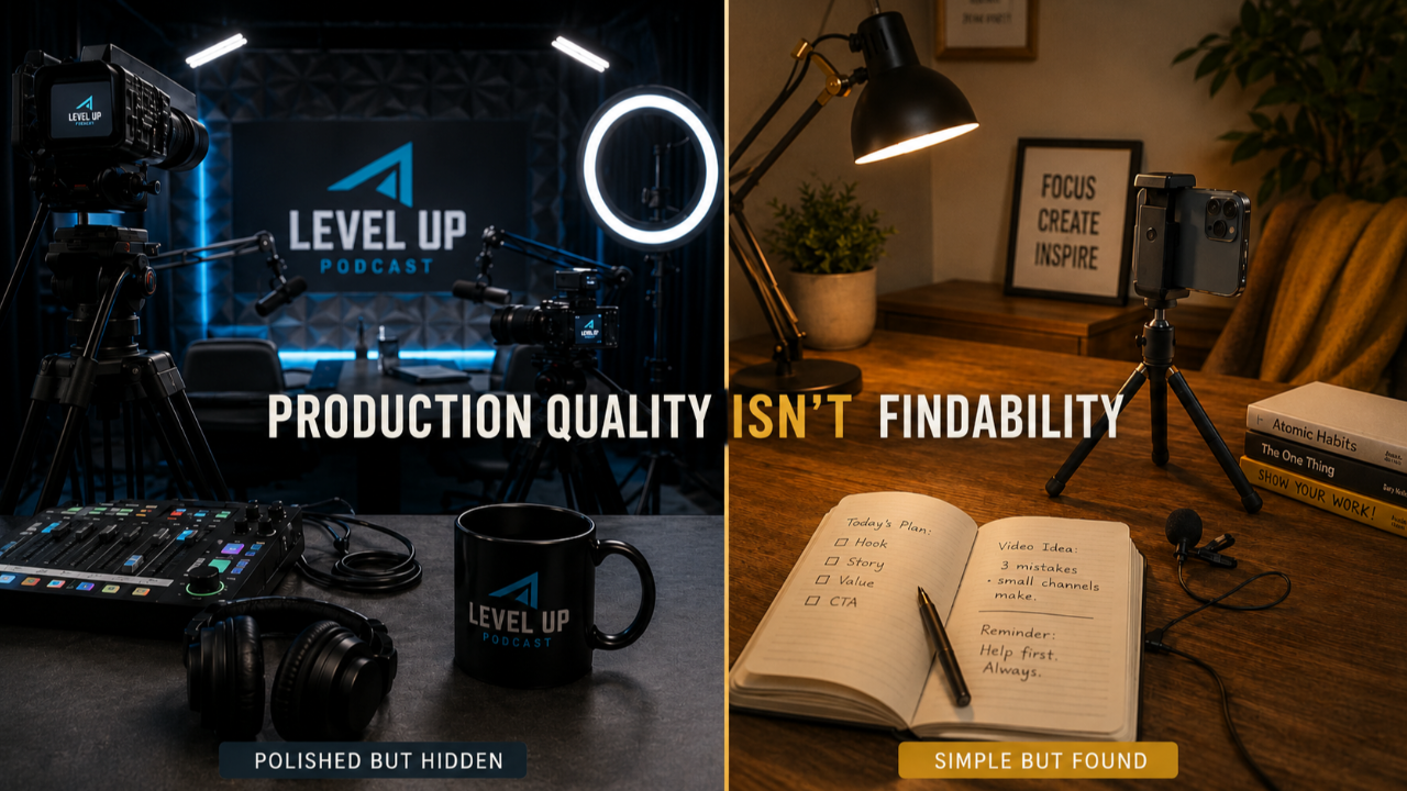 Split comparison showing a professional podcast studio setup labeled polished but hidden next to a simple iPhone and lav mic desk setup labeled simple but found illustrating that production quality is not the same as YouTube findability