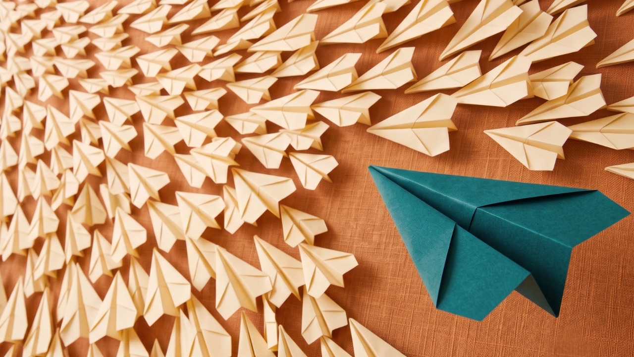 A bold teal paper airplane veers away from hundreds of identical cream planes, an ideal client profile in action.