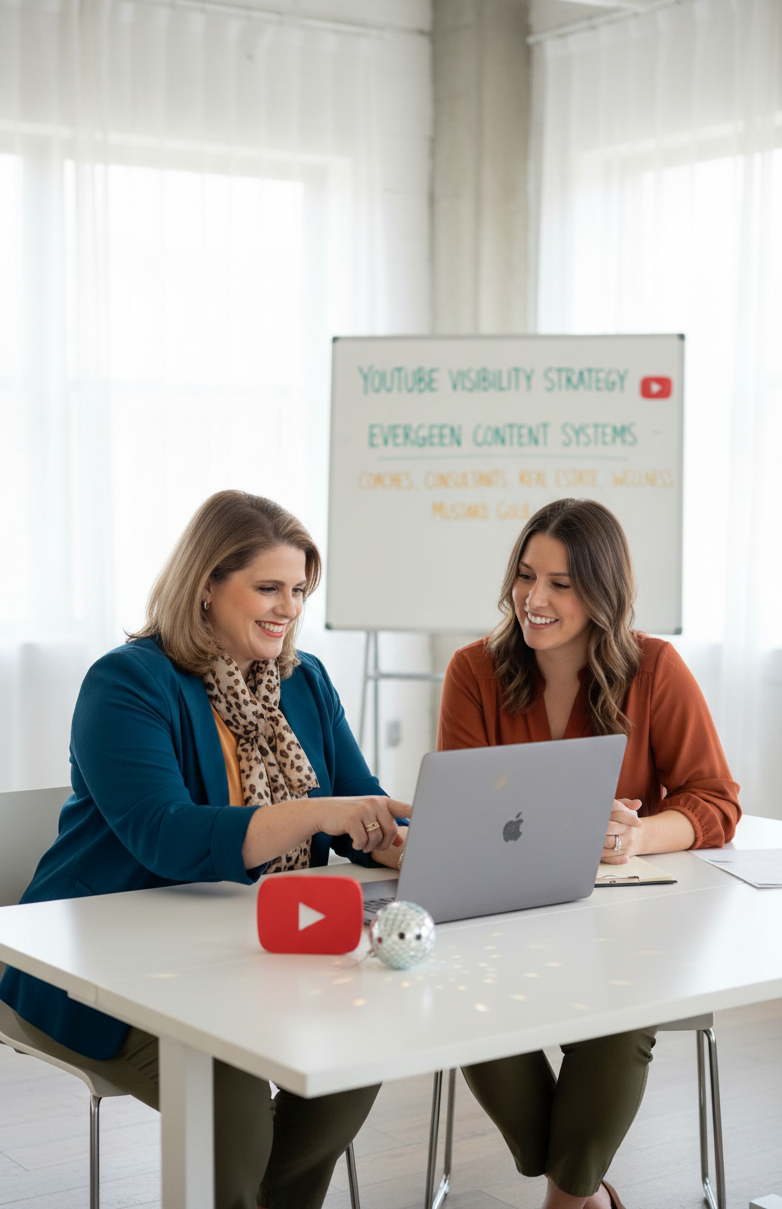 YouTube strategist Kathy Sizemore working on evergreen content strategy with a business owner