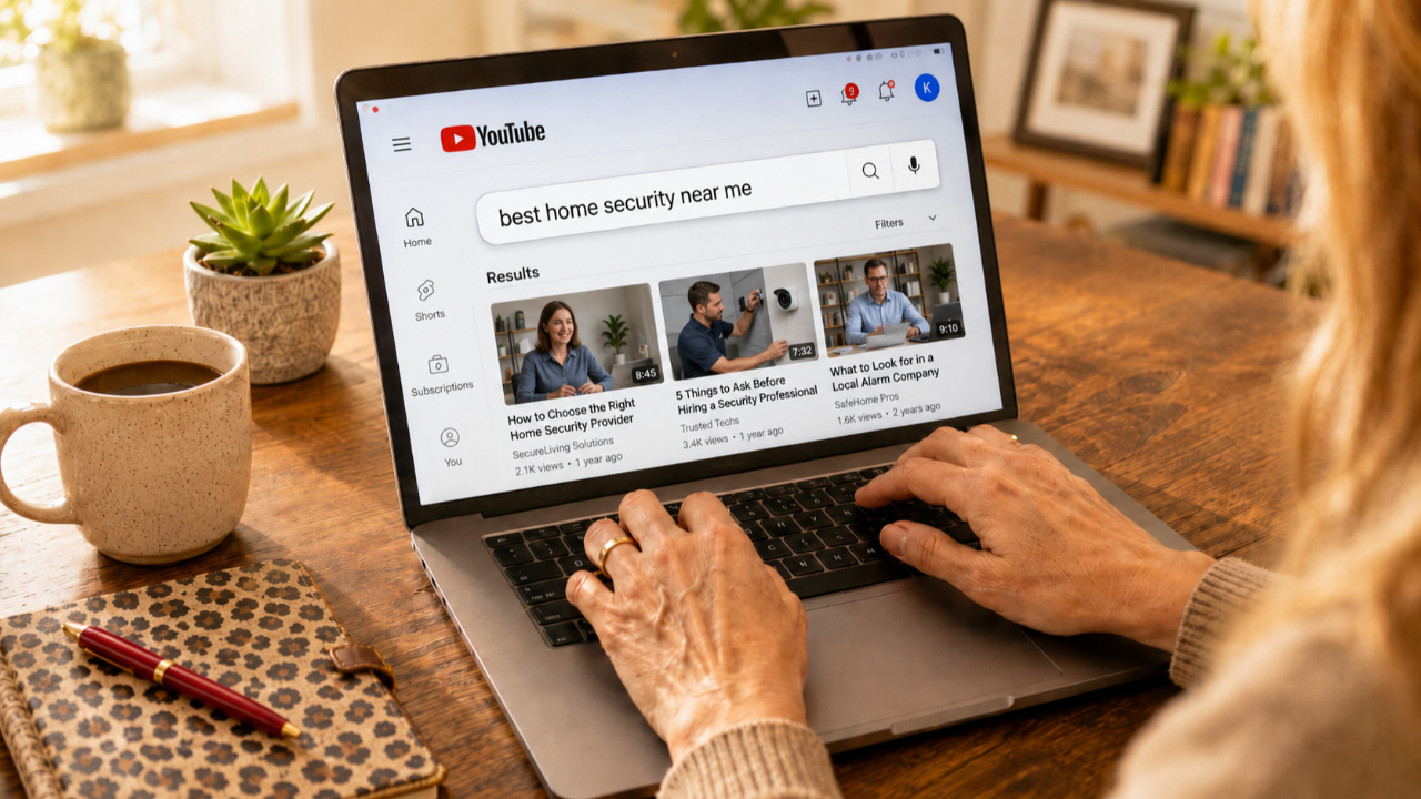 Service business owner searching 'best home security near me' on YouTube, showing search results from local security companies with videos published one and two years ago still generating thousands of views