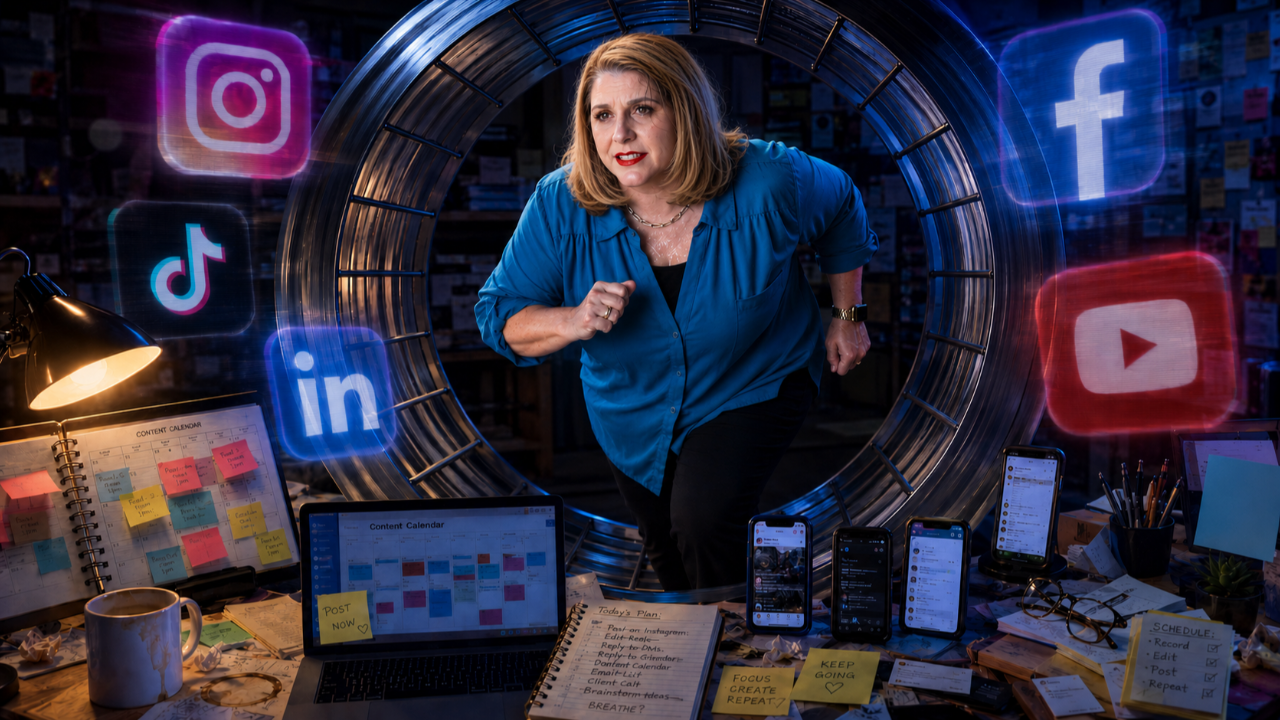 Business owner running inside a hamster wheel surrounded by social media icons and an overwhelming content calendar, illustrating the content hamster wheel concept in YouTube for business owners strategy