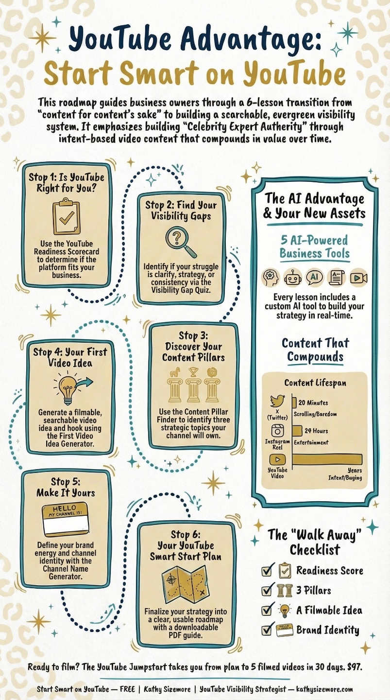 Start Smart on YouTube free course roadmap showing 6 lessons with AI tools: YouTube Readiness Scorecard, Visibility Gap Quiz, Content Pillar Finder, First Video Idea Generator, Channel Name Generator, and YouTube Smart Start Plan. Free course by Kathy Sizemore, YouTube Strategist for Business Owners