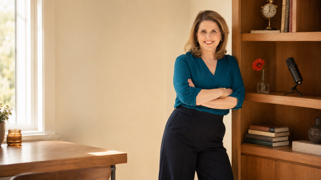 Service-based business owner leaning against a bookshelf in a teal V-neck top with warm natural lighting and a confident knowing expression