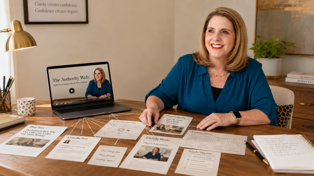 Kathy Sizemore explaining how to repurpose one YouTube video into 25 pieces of content using the Authority Web