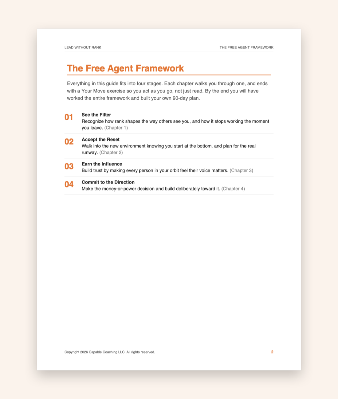 Page 2 of the Lead Without Rank PDF: the four-stage Free Agent Framework