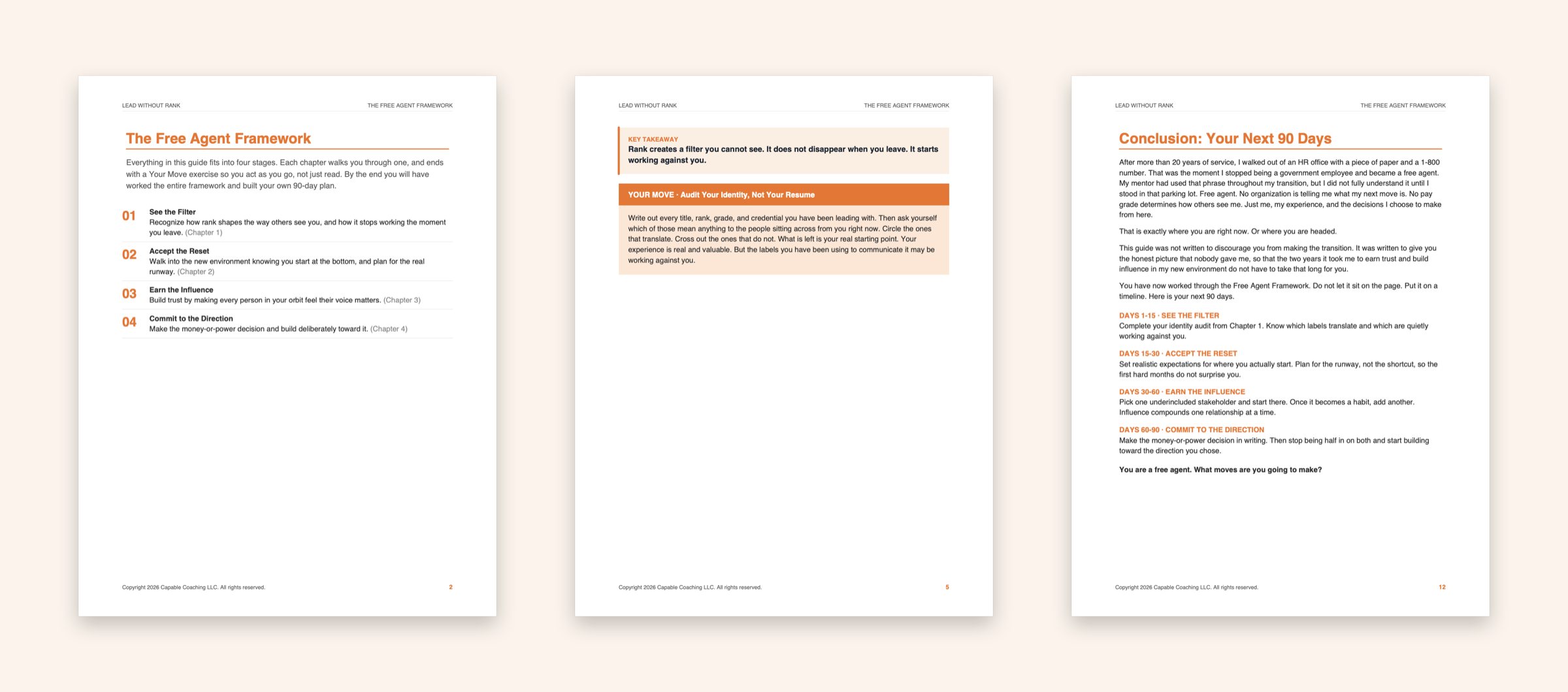Three pages from the Lead Without Rank PDF: the four-stage Free Agent Framework, a Your Move exercise, and the 90-day plan