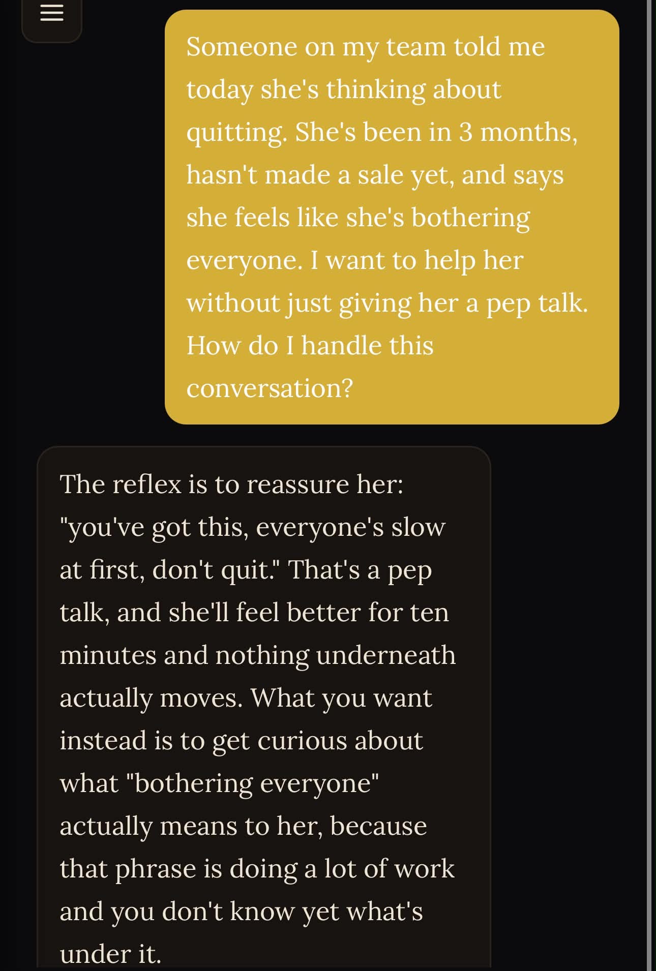 Foundry Brain conversation about coaching a team member