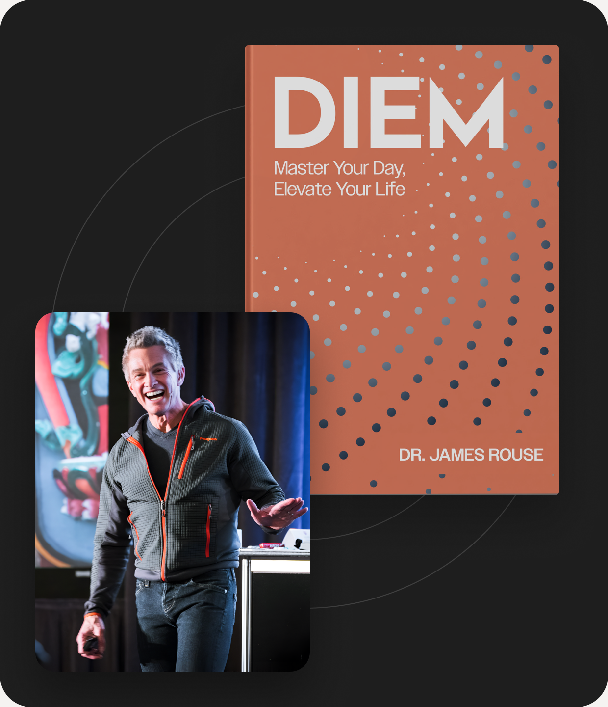 DIEM book cover by Dr. James Rouse with a photo of him speaking on stage