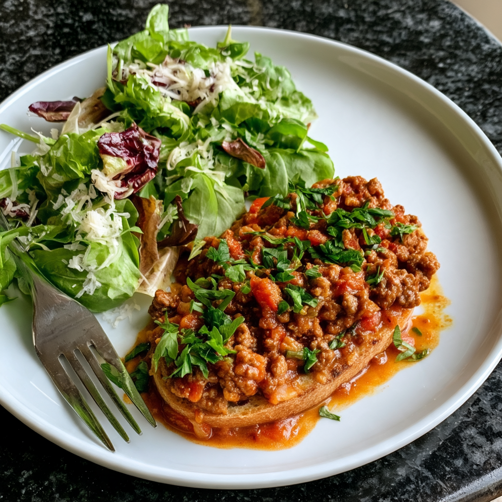 Beef Marinara over Sourdough & Salad