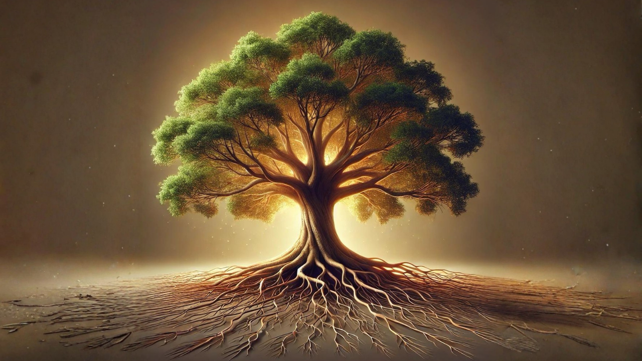 Mature tree with deep roots symbolizing growth, experience, and personal reinvention