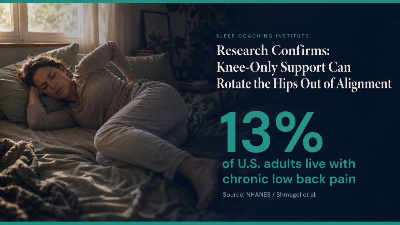 Diagram-style photo showing why a knee pillow alone can rotate the hips out of alignment during sleep