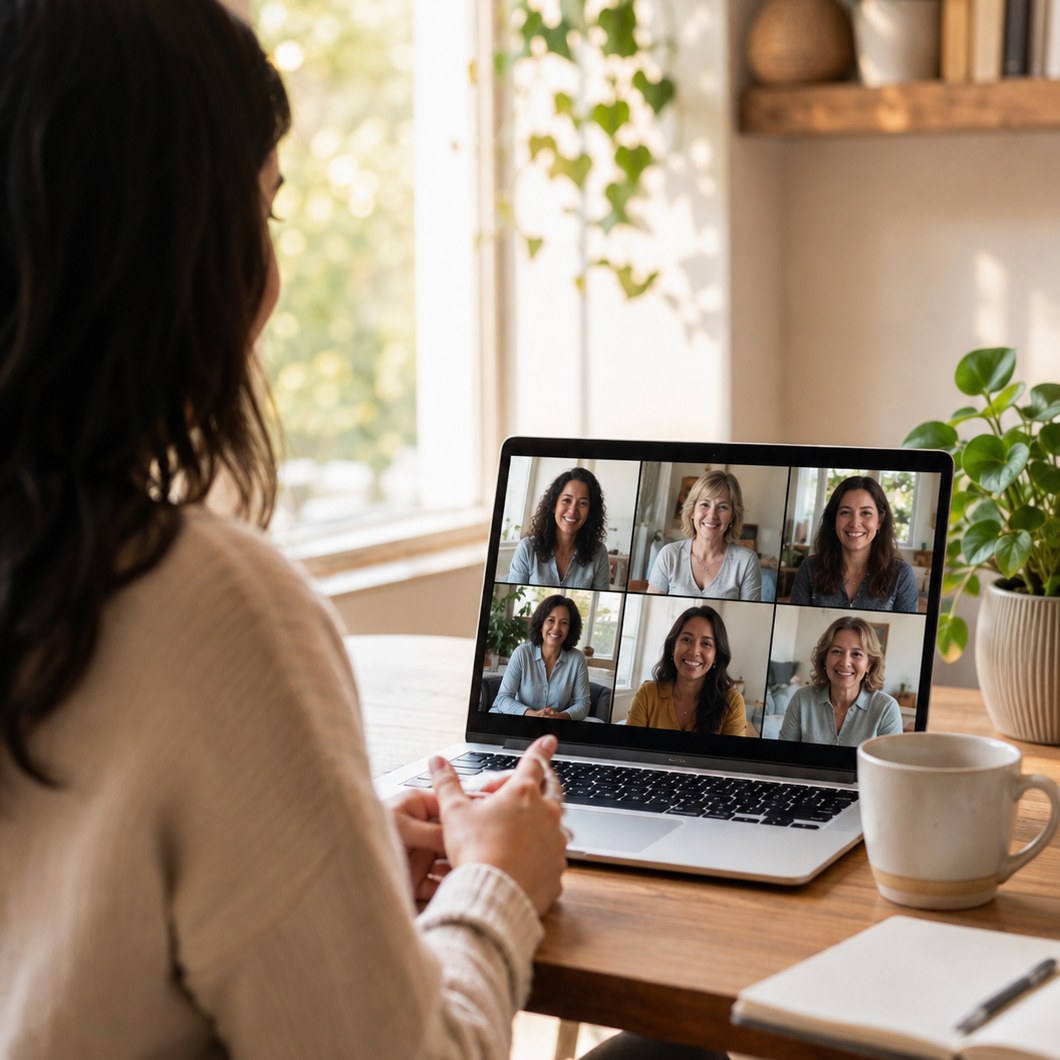 A woman joining a small Unlocked group session on her laptop at home