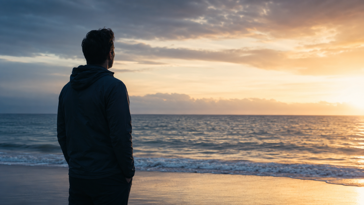 Man standing beside the ocean reflecting on emotional suppression and nervous system regulation