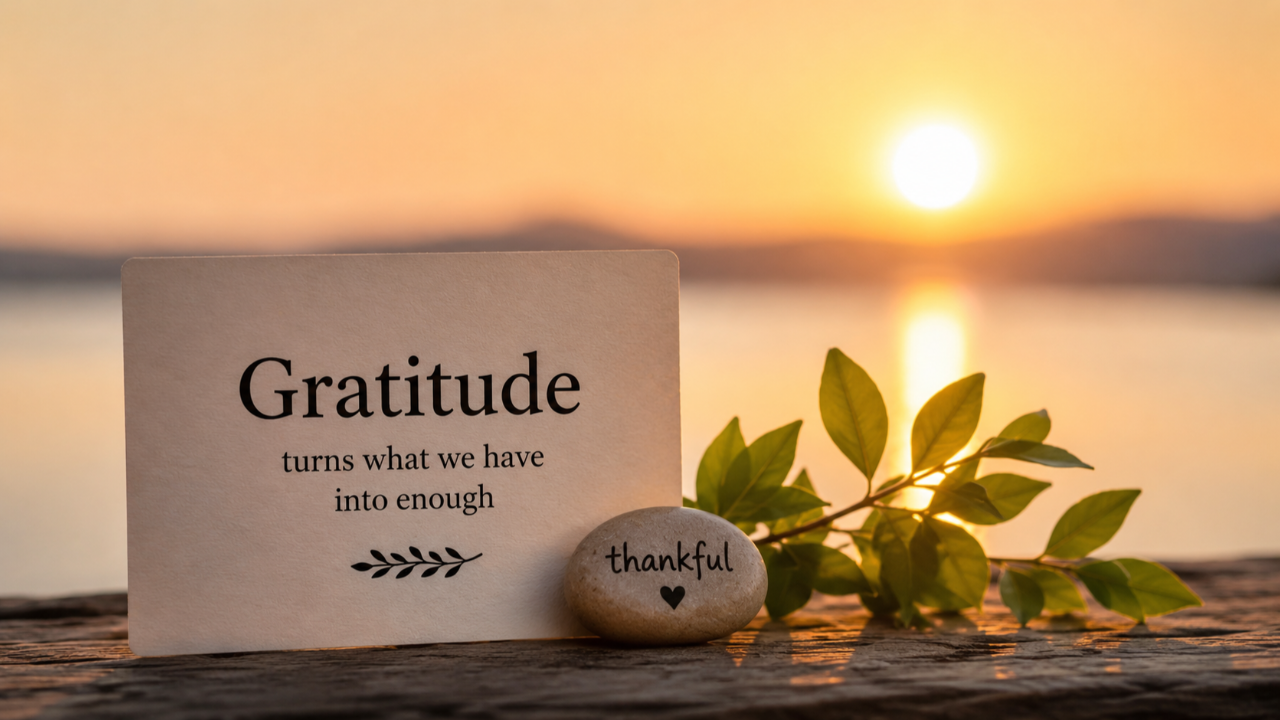 Daily gratitude practice at sunrise with gratitude journal inspiration, symbolizing mindfulness, abundance, self-awareness, and personal growth.