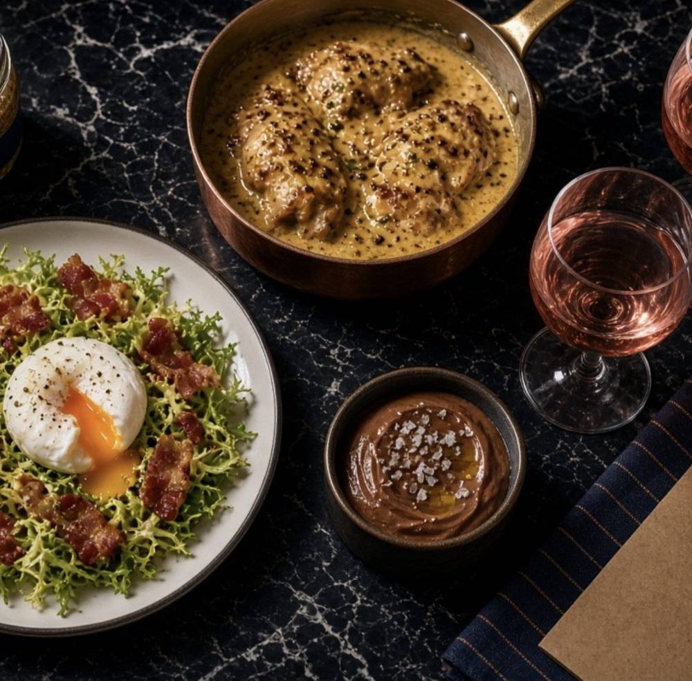 Salade lyonnaise sa poširanim jajetom, piletina u sosu od senfa u bakarnoj šerpi, čokoladni mus i kir