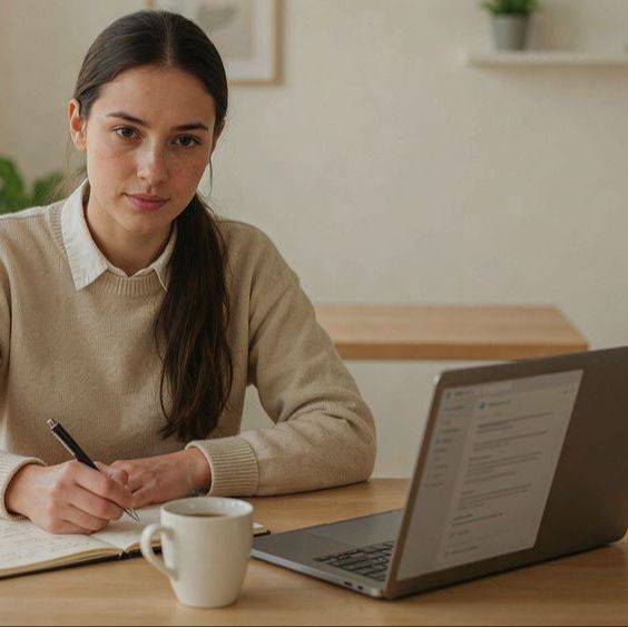 Job seeker taking notes while preparing at a laptop