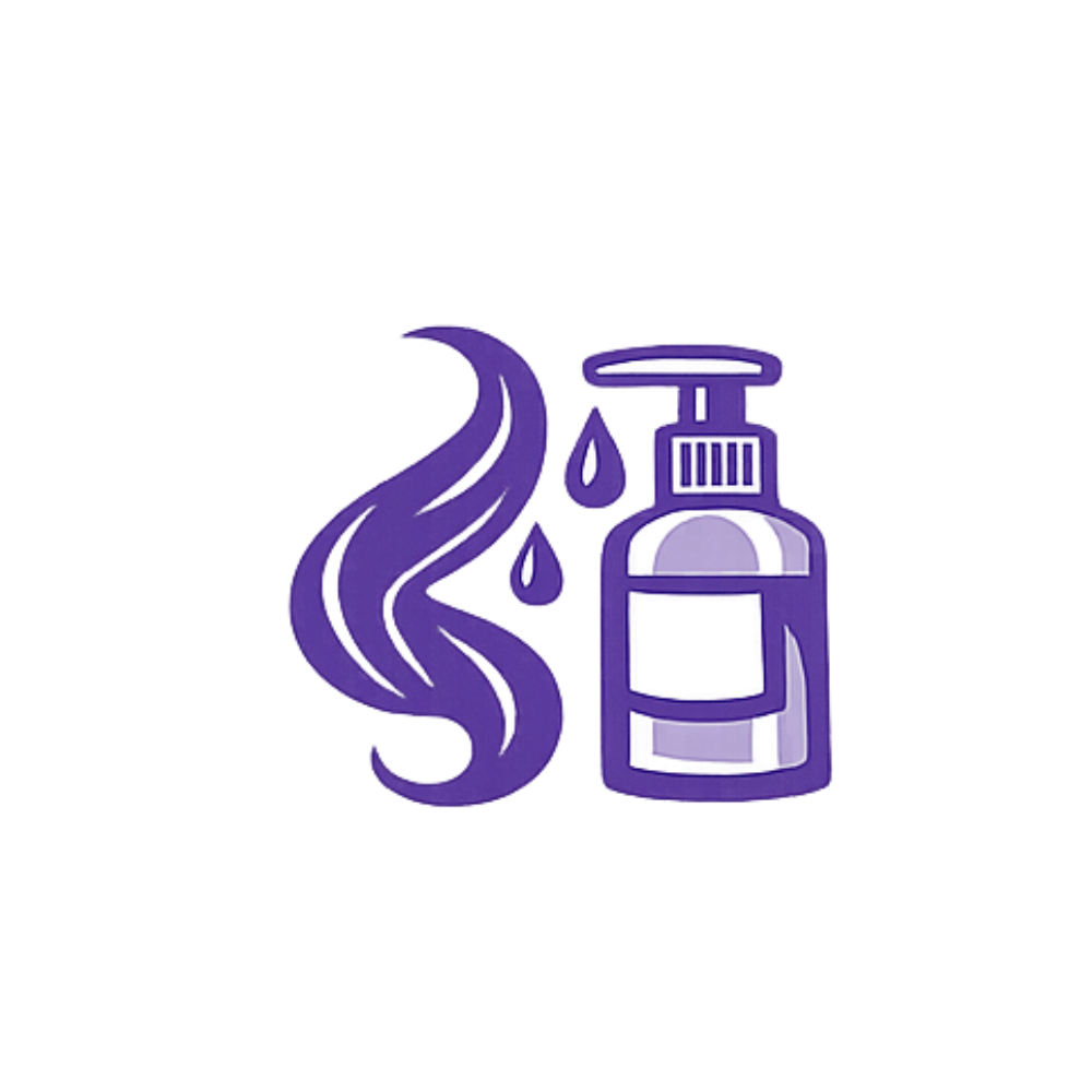 Curly hair product icon showing a curl beside a hair care product bottle.