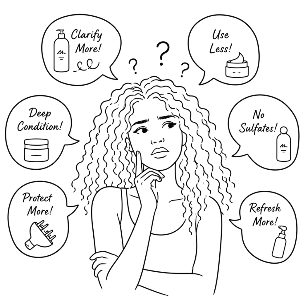 Illustration of a woman overwhelmed by conflicting curly hair care advice while learning how to build a curly hair routine for her unique curls.