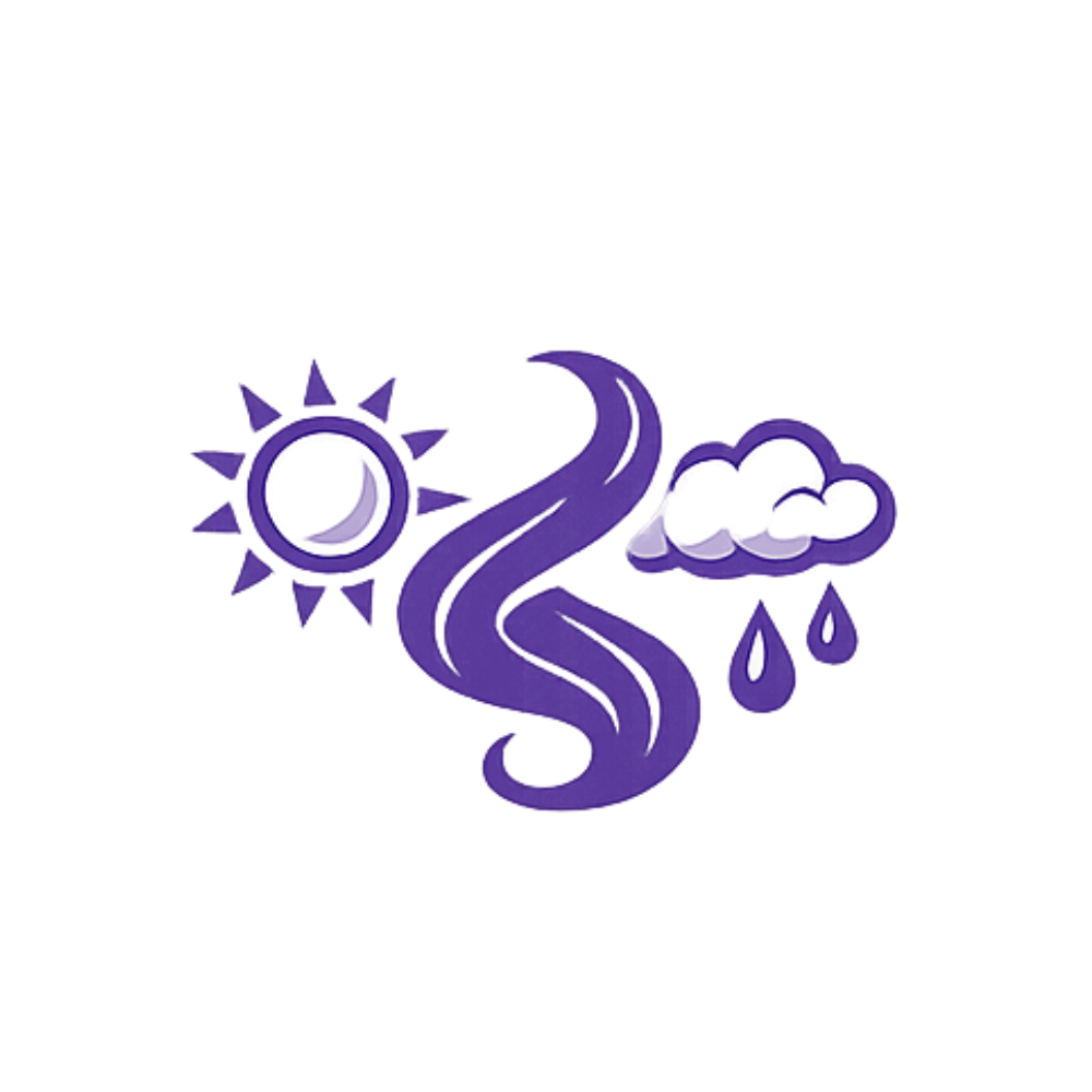 Curly hair environment icon showing weather effects including humidity, sun, and rain.