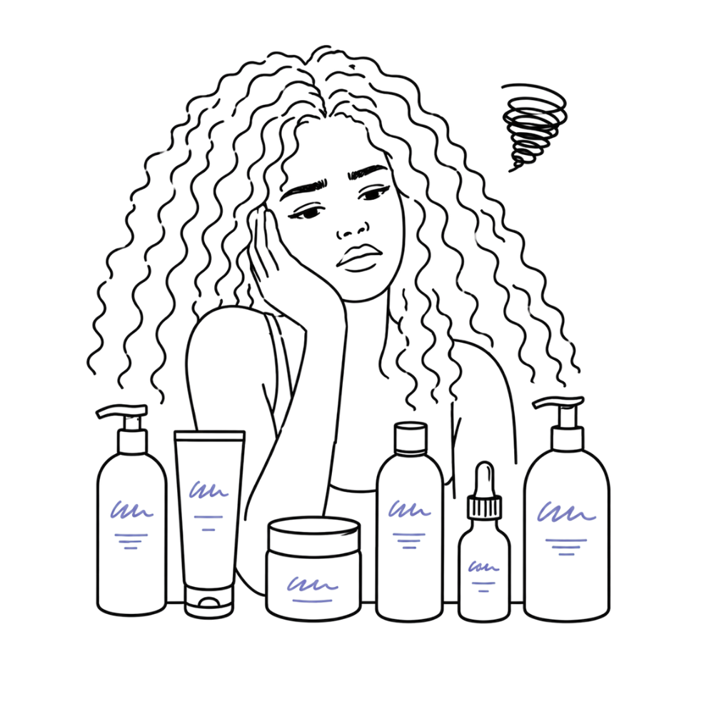 Illustration of a woman overwhelmed by curly hair products while trying to learn curly hair care and build a routine that works for her curls.t works.