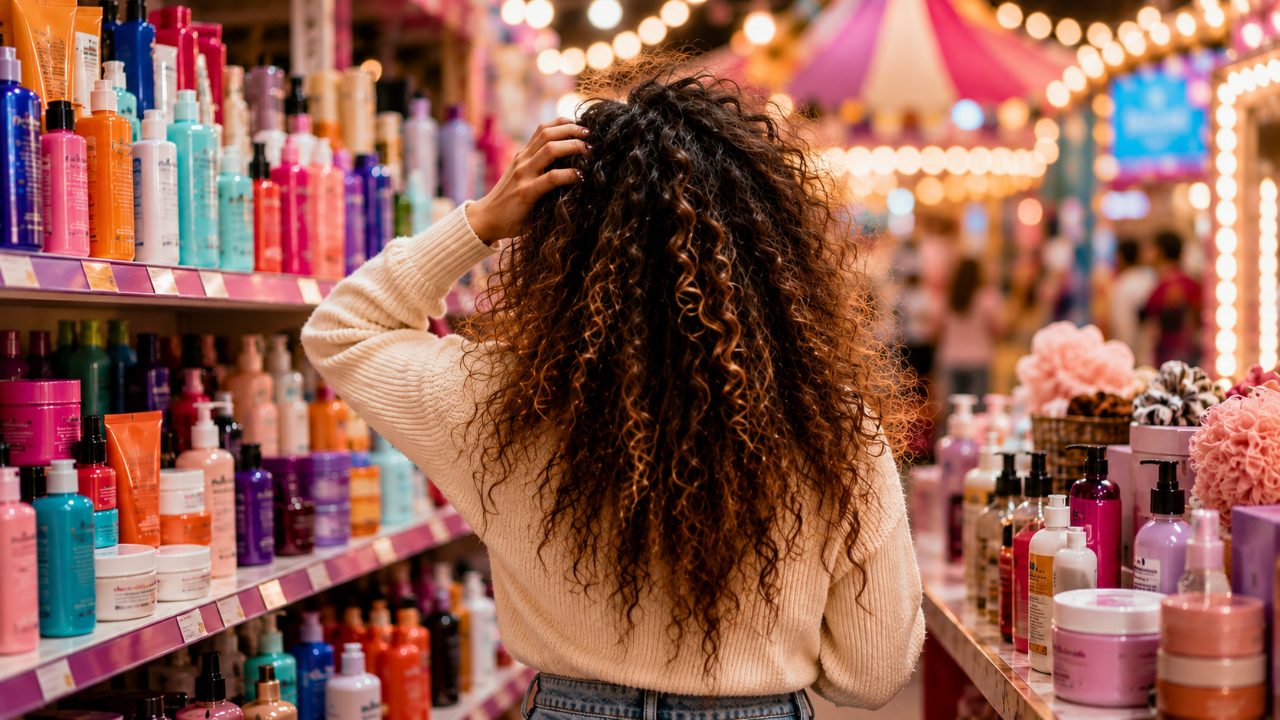 Curly hair products including shampoo, conditioner, styling products, and serum displayed on a bathroom vanity for a curly hair care routine.