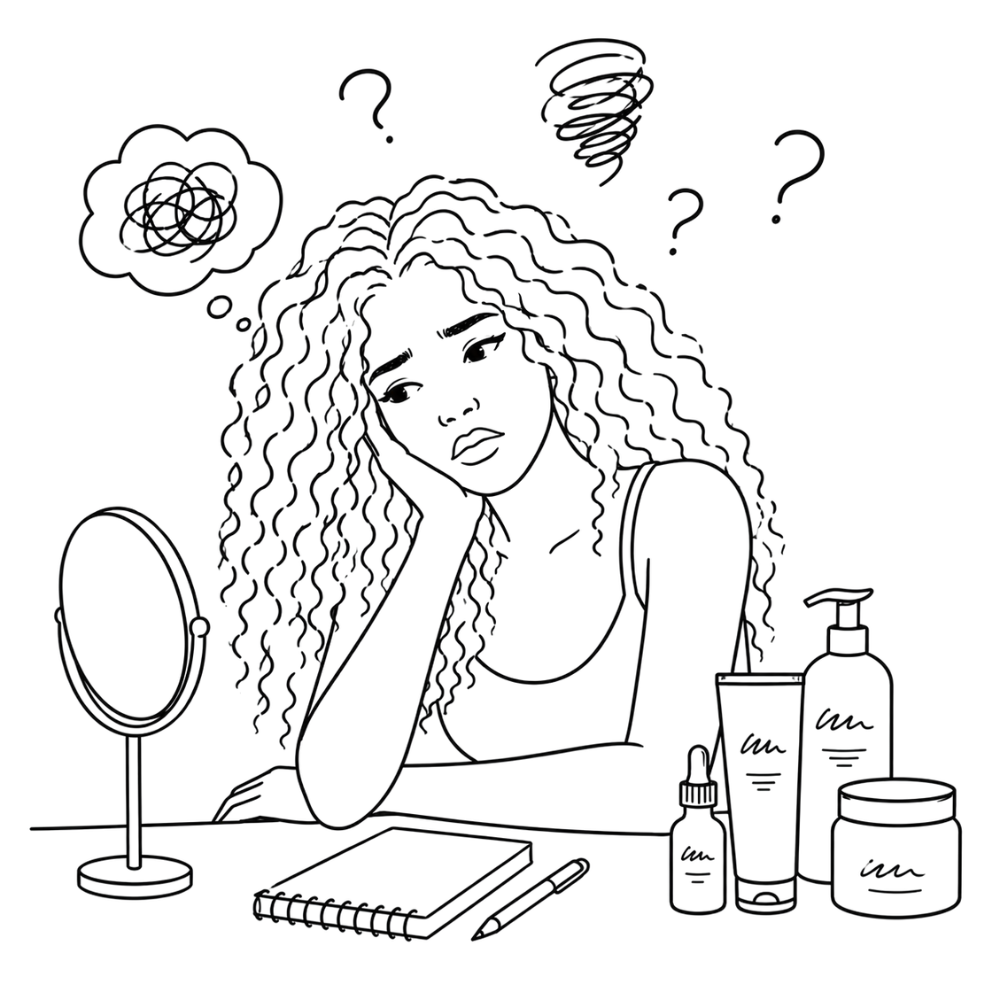 Illustration of a woman with curly hair feeling overwhelmed by conflicting information while trying to build a curly hair routine that works.